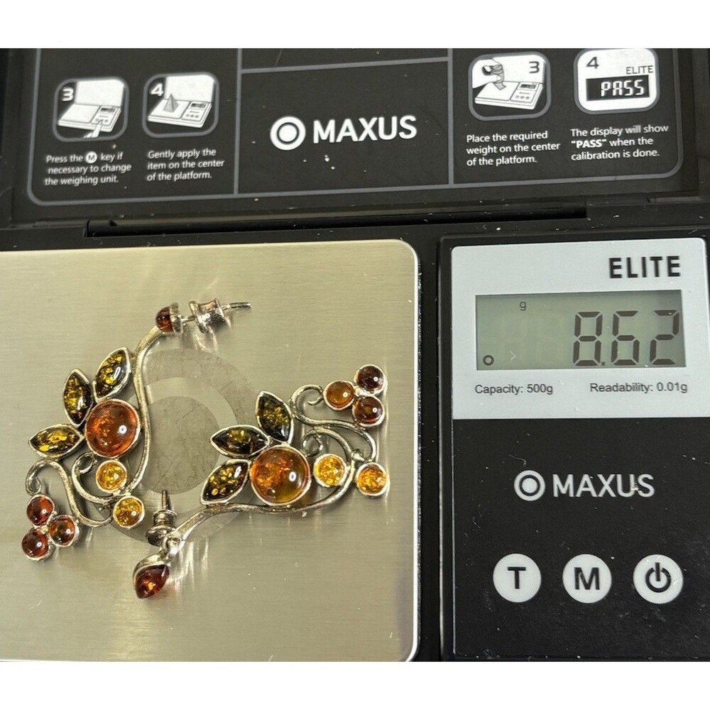 ESTATE 8.62 GRAMS STERLING SILVER TRICOLOR BALTIC AMBER 2” LONG DANGLE EARRINGS